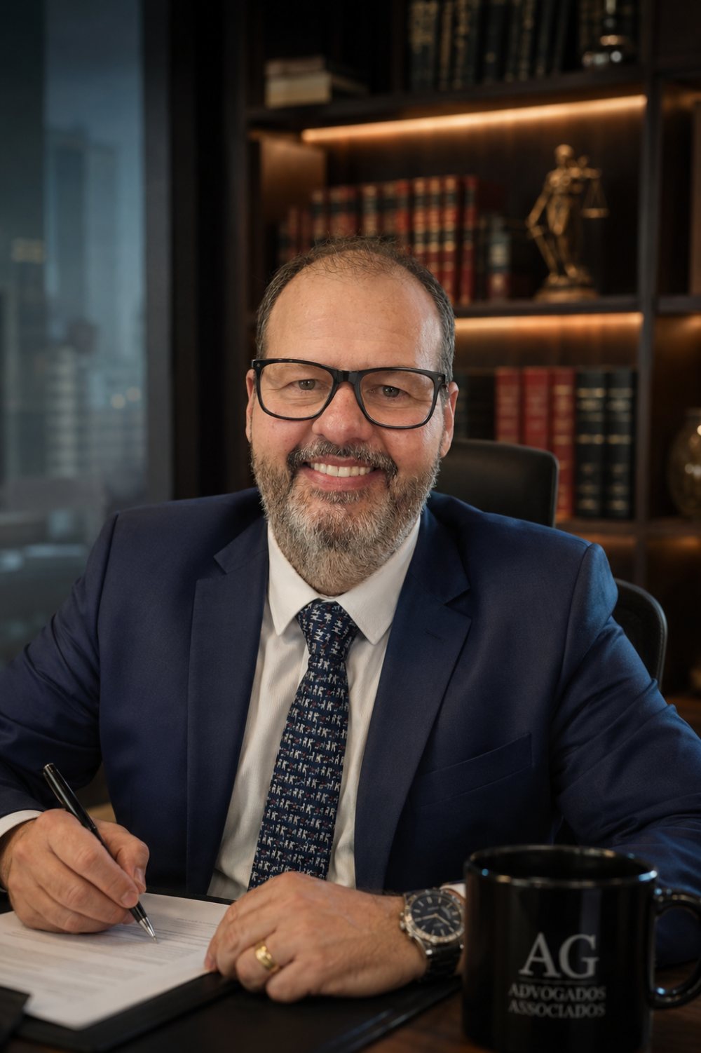 Alberto Germano à mesa de trabalho, sorrindo